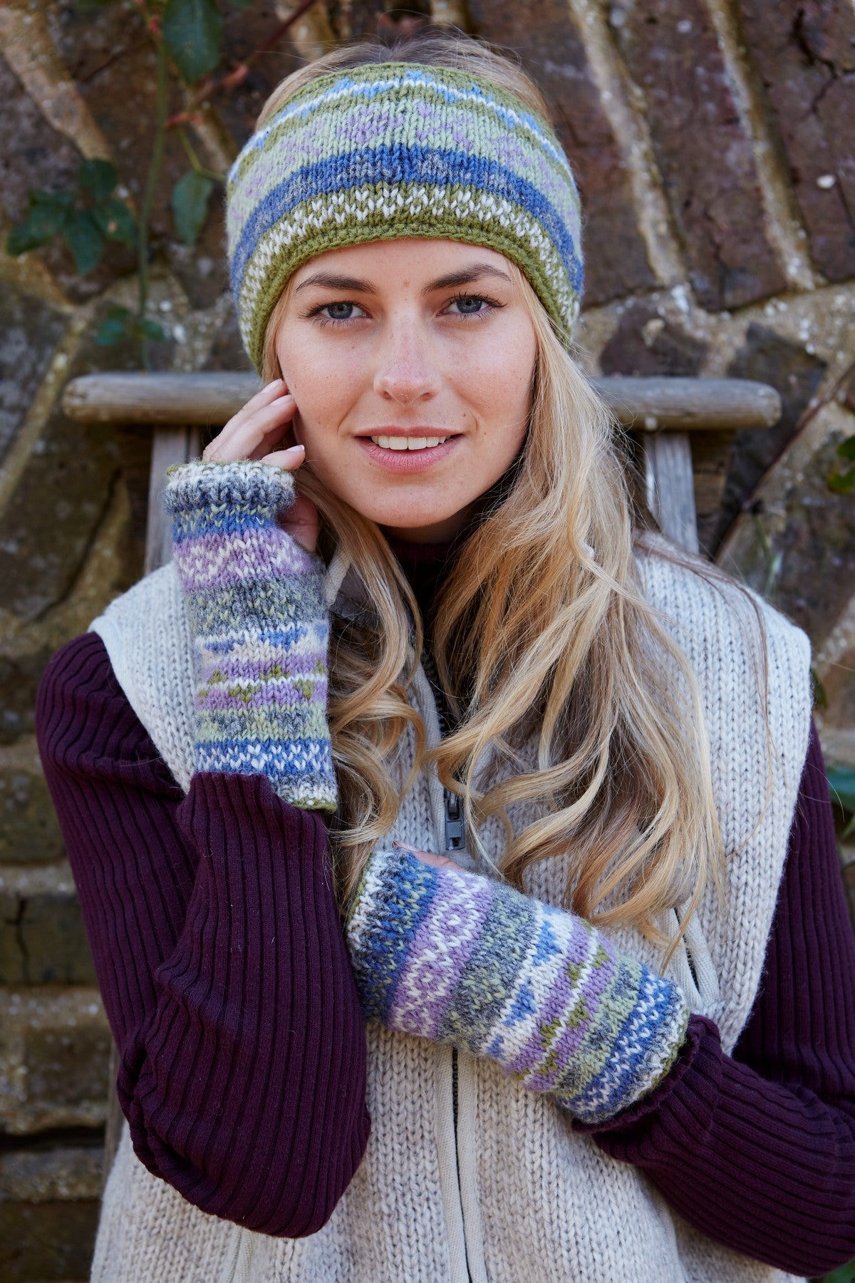 Pachamama Classic Fairisle Handwarmer, Hand Knitted, Lined, Fine Wool, Olive