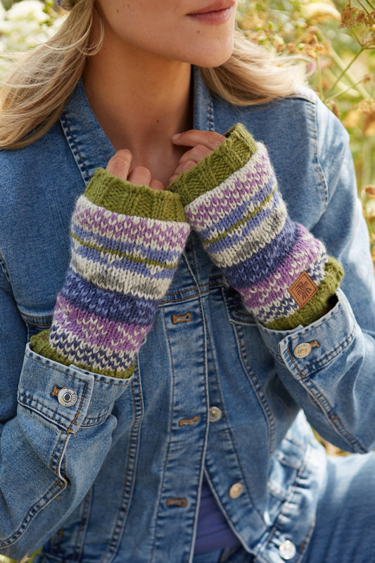 Pachamama Classic Fairisle Handwarmer, Hand Knitted, Lined, Fine Wool, Olive