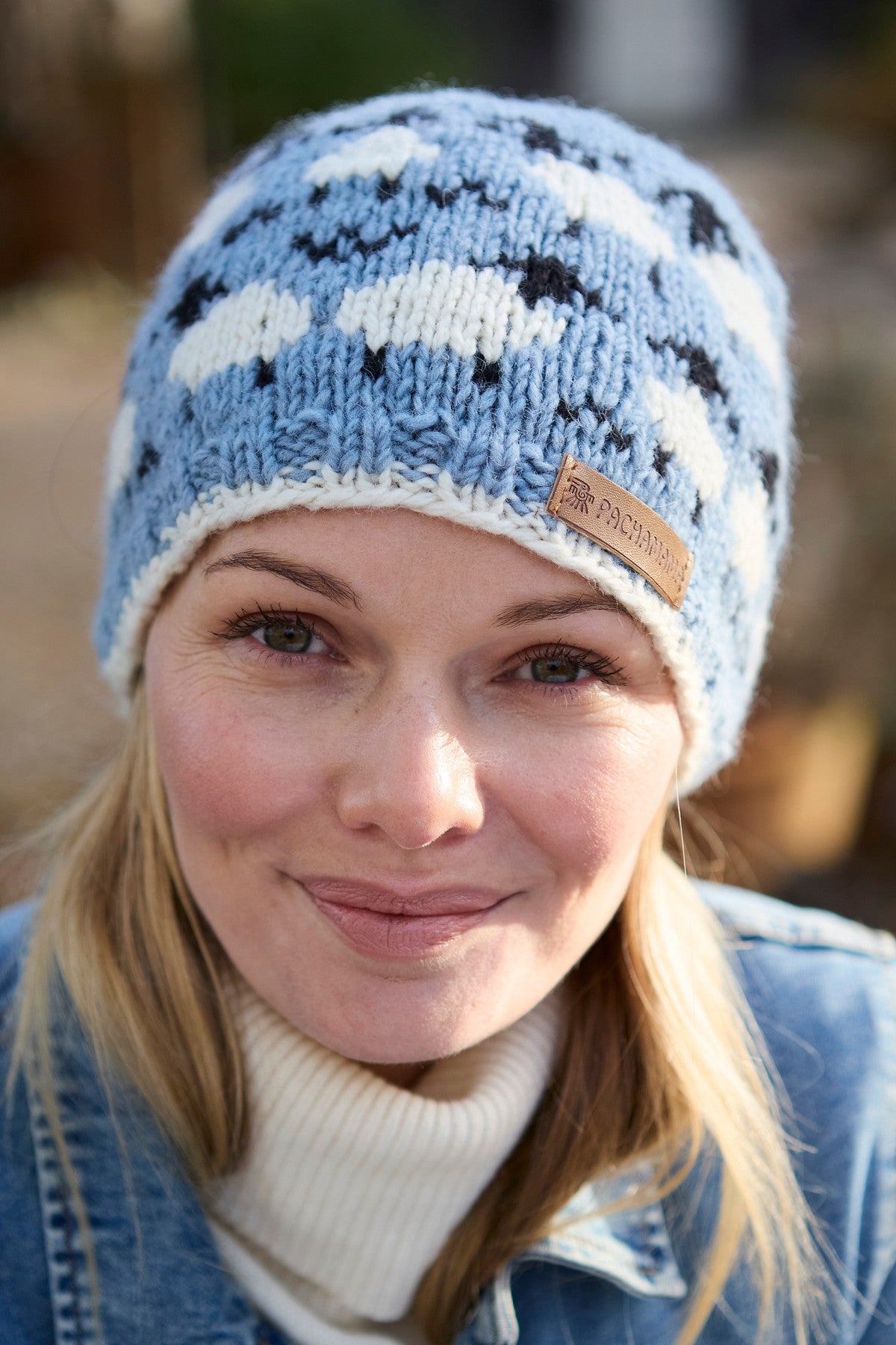 Pachamama Sheep Beanie, Blue, Hand Knitted, 100% Pure Merino Wool, Unlined