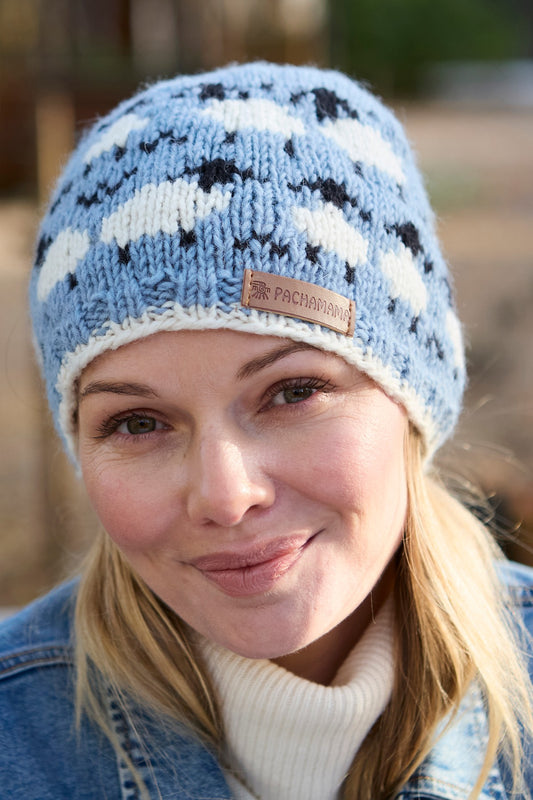 Pachamama Sheep Beanie, Blue, Hand Knitted, 100% Pure Merino Wool, Unlined
