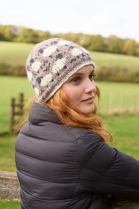 Pachamama Sheep Beanie, Mushroom, Hand Knitted, 100% Pure Merino Wool, Unlined