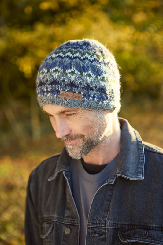 Pachamama Mens Westport Beanie Blue, Hand Knitted, Fleece Lined Forehead, Wool
