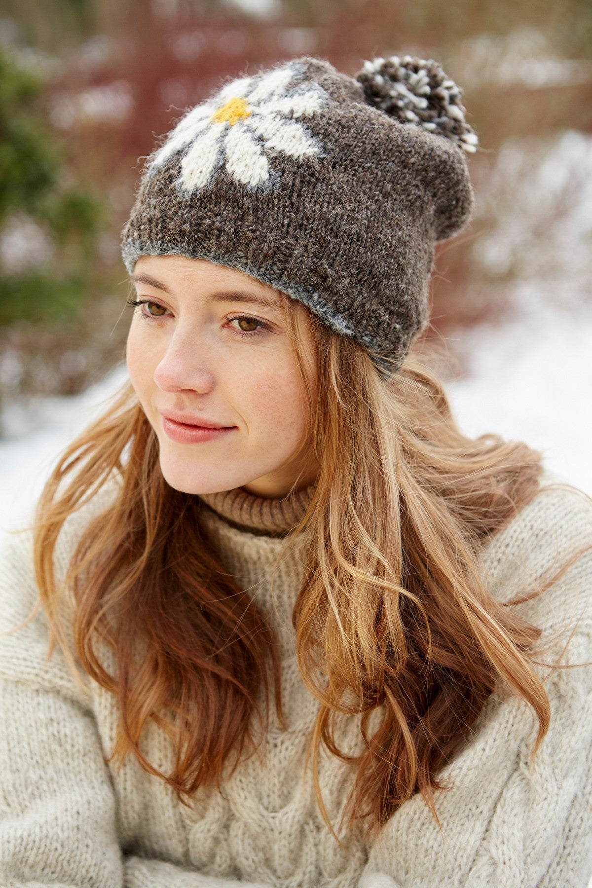 Pachamama Daisy Bobble Beanie, Hand Knitted, Sherpa Fleece Lined, Wool, Bark