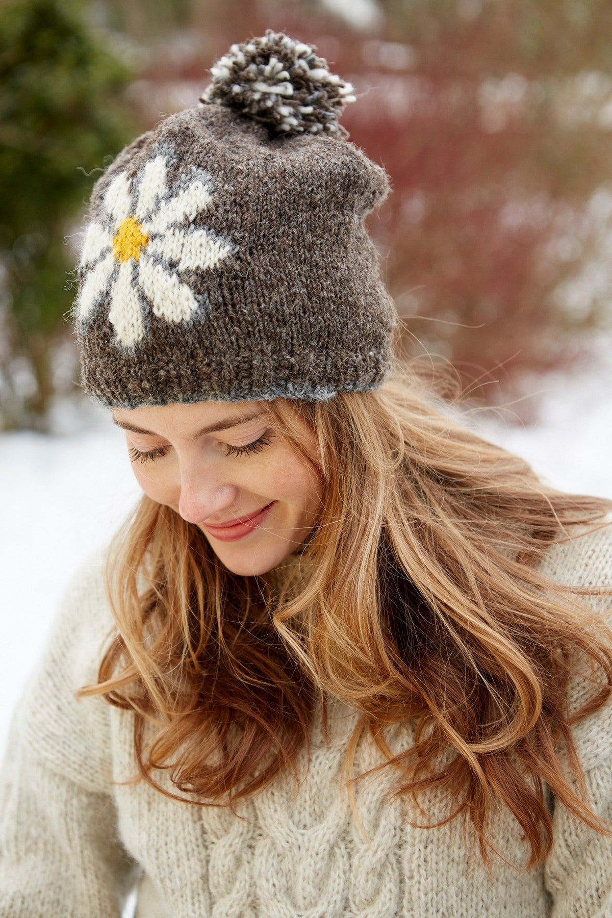 Pachamama Daisy Bobble Beanie, Hand Knitted, Sherpa Fleece Lined, Wool, Bark