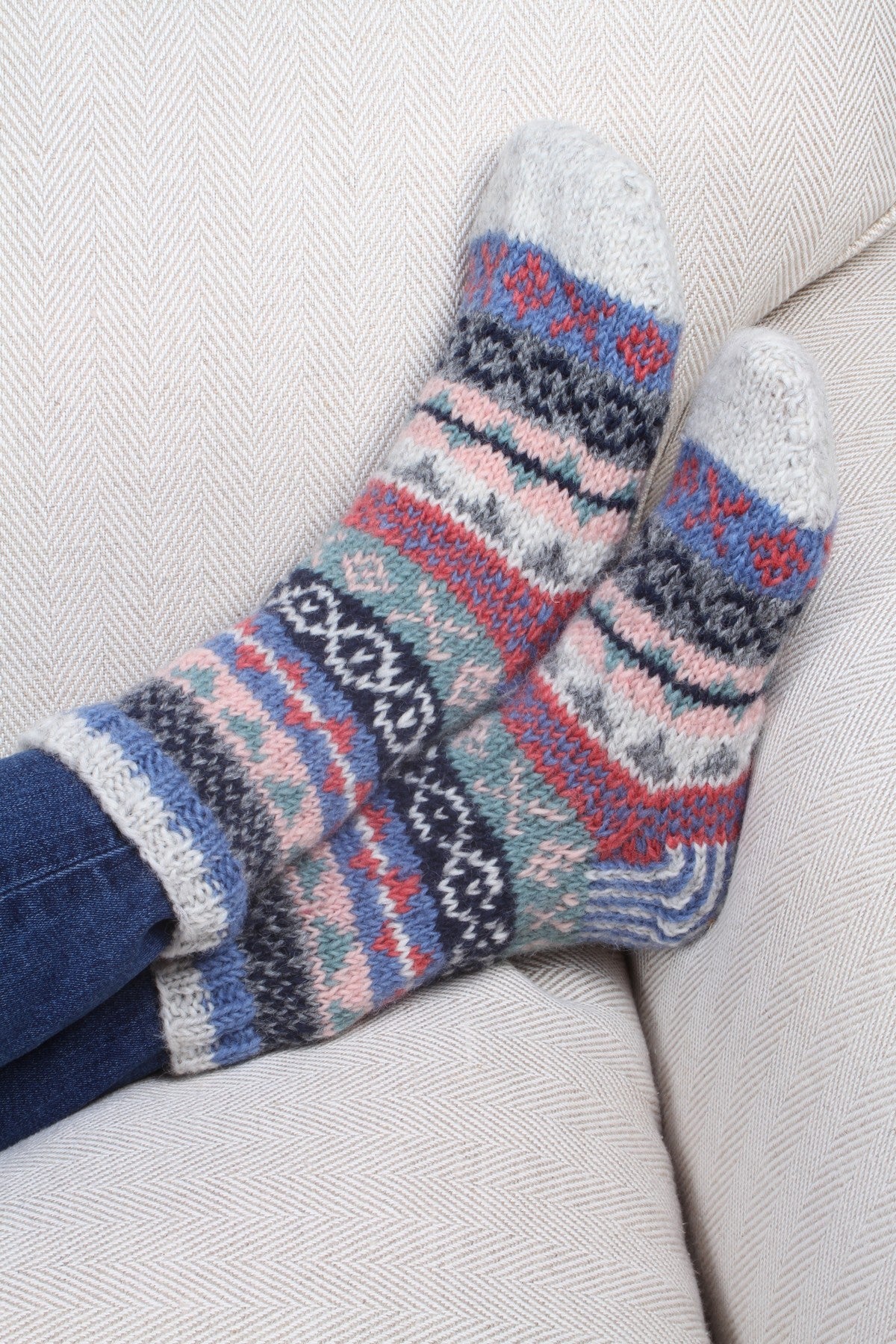 Pachamama Classic Fairisle Sofa Socks , Hand Made, 100% Wool, Fair Trade Sourced