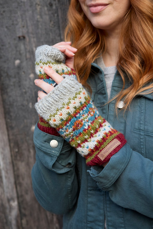 Pachamama Iona Handwarmer, Hand Knitted, Lined, Wool, Fairisle, Burgundy
