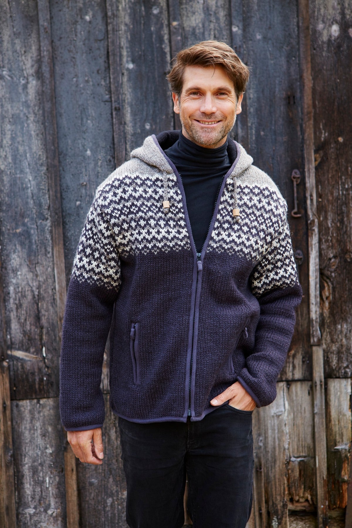 Pachamama Mens Clifden Hoody, Charcoal, 100% Wool Outer, Zip Pockets, Handmade