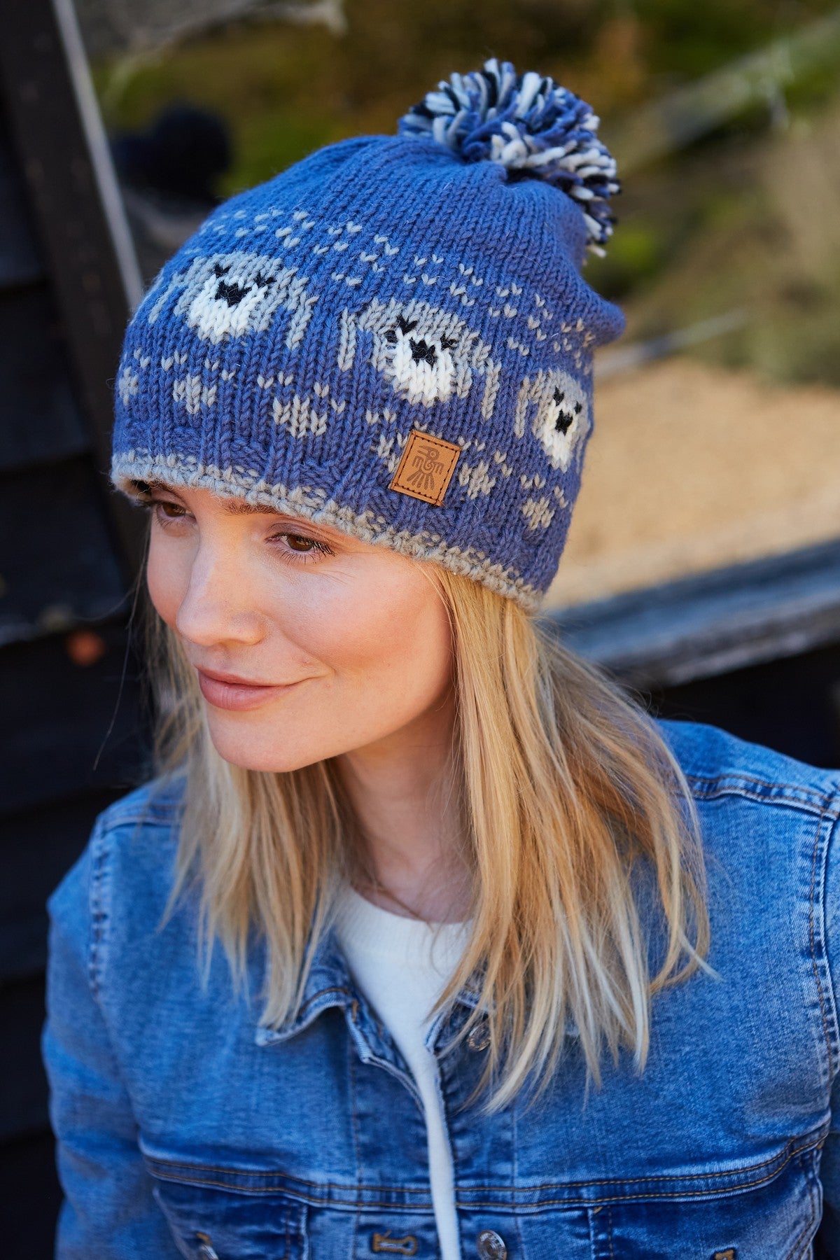 Pachamama Pooch Dog Bobble Beanie, Hand Knitted, Lined, 100% Wool, Colour Denim