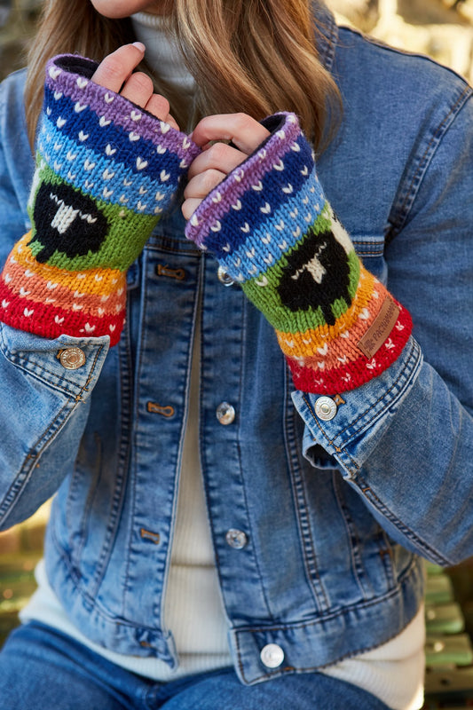 Pachamama Black Sheep Handwarmers, Hand Made, Lined, 100% Wool Outer, Rainbow