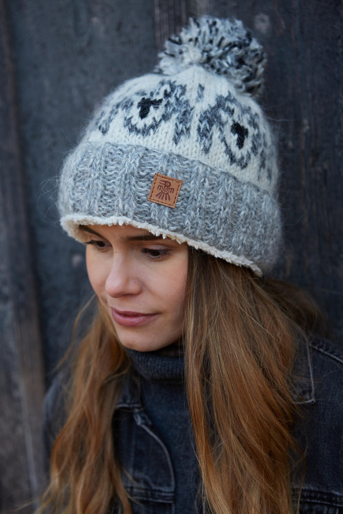 Pachamama Hazy Hound Dog Bobble Beanie, Hand Knitted, Lined, Wool and Mohair Blend