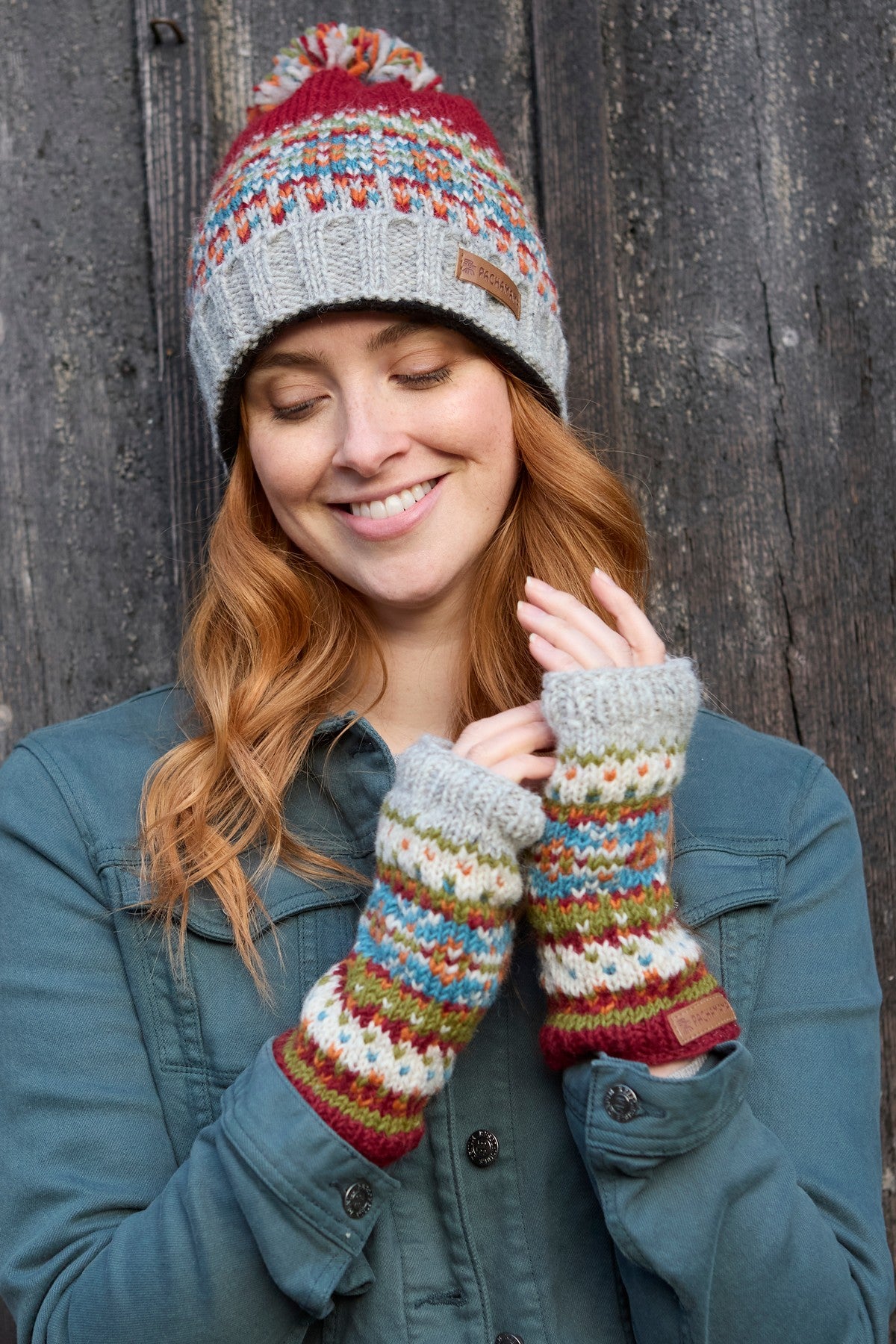 Pachamama Iona Handwarmer, Hand Knitted, Lined, Wool, Fairisle, Burgundy