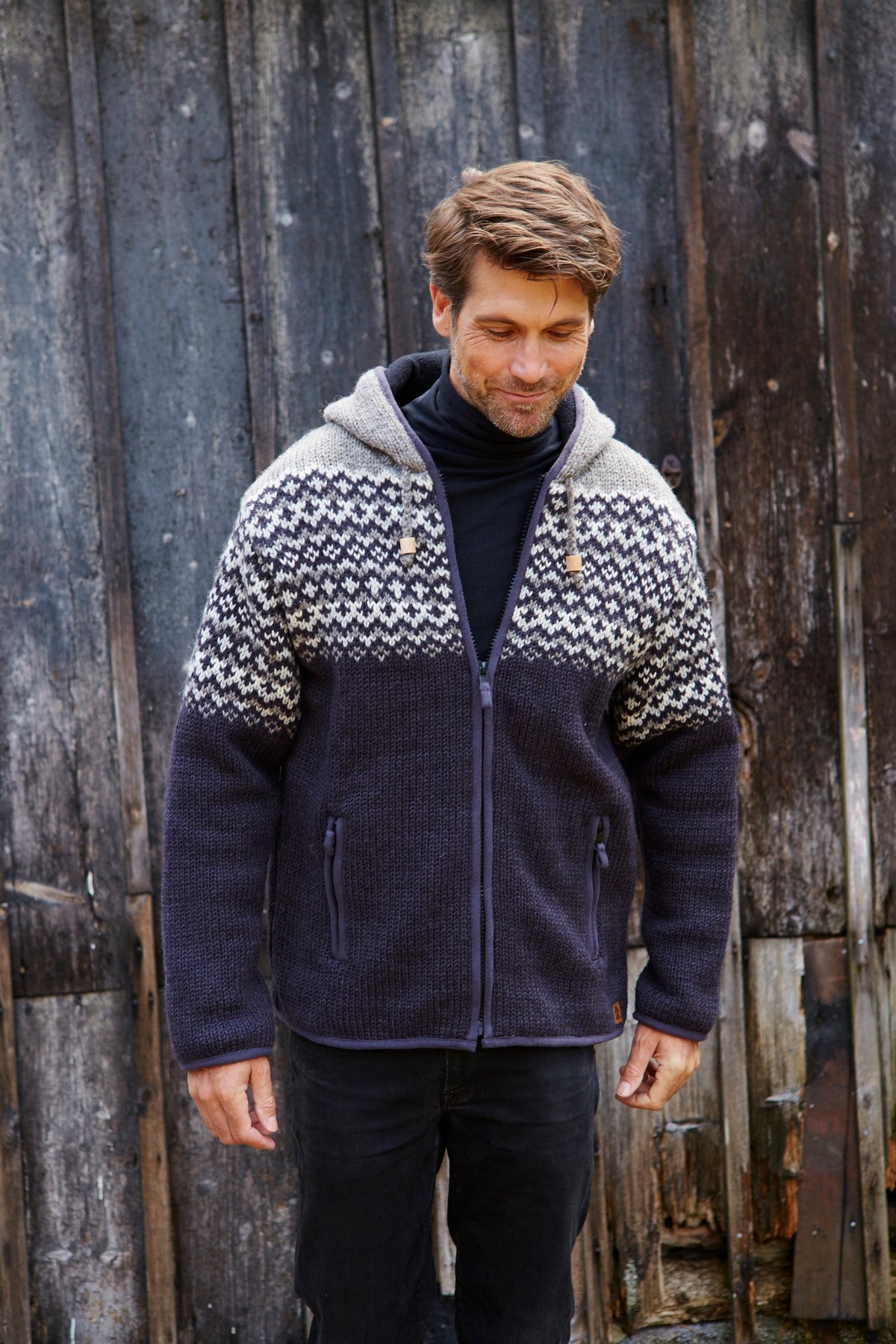 Pachamama Mens Clifden Hoody, Charcoal, 100% Wool Outer, Zip Pockets, Handmade