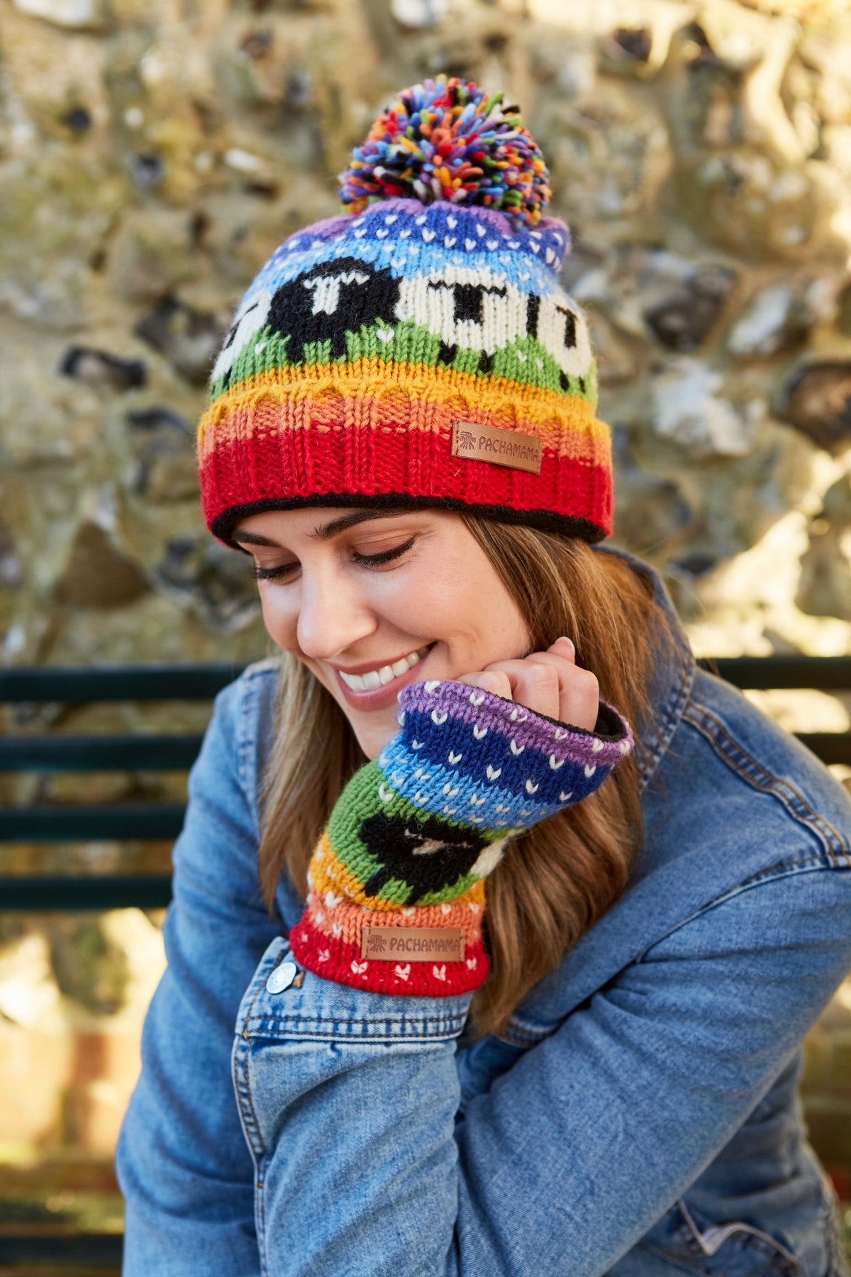 Pachamama Black Sheep Handwarmers, Hand Made, Lined, 100% Wool Outer, Rainbow