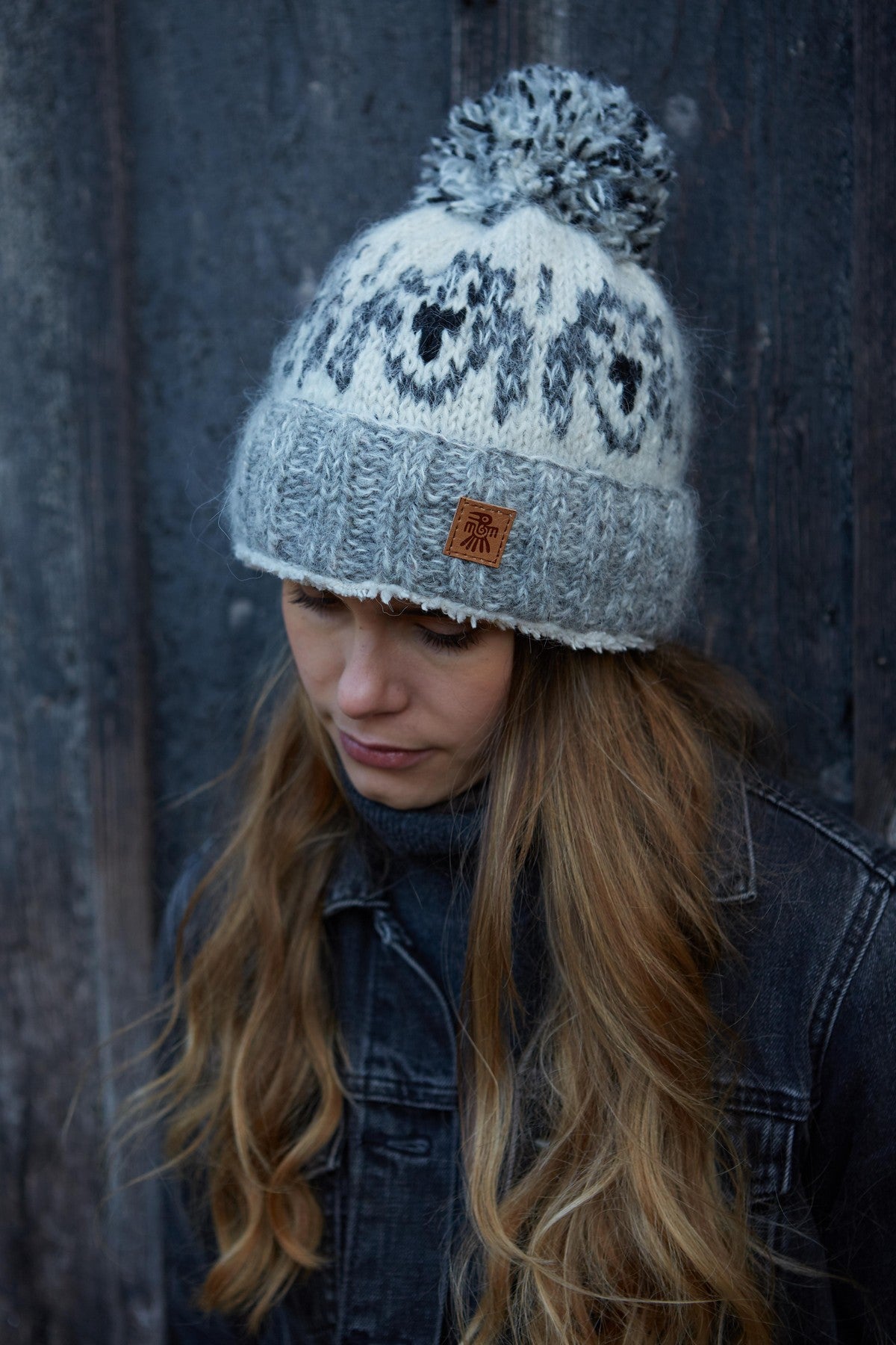 Pachamama Hazy Hound Dog Bobble Beanie, Hand Knitted, Lined, Wool and Mohair Blend