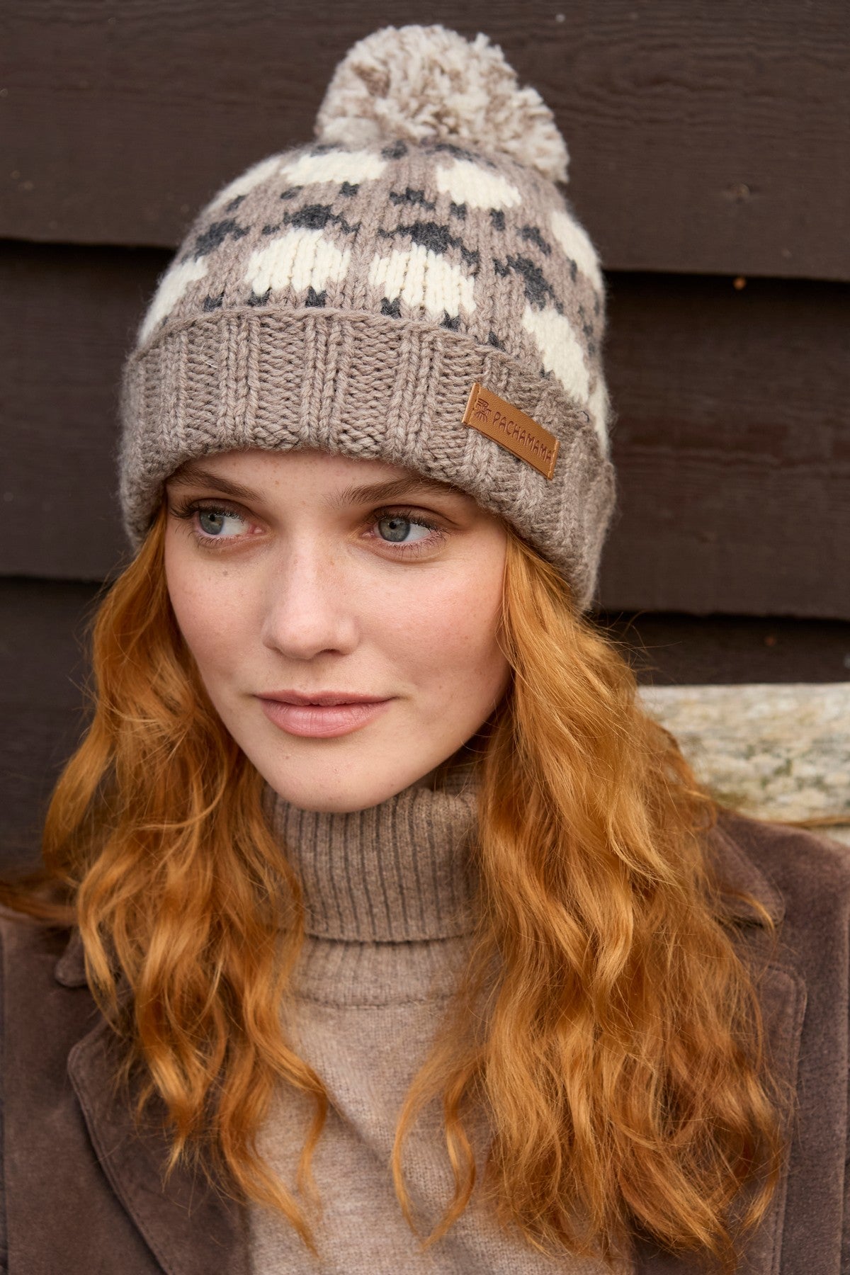Pachamama Sheep Roll Back Bobble Beanie, Hand Knitted, 100% Merino Wool Mushroom