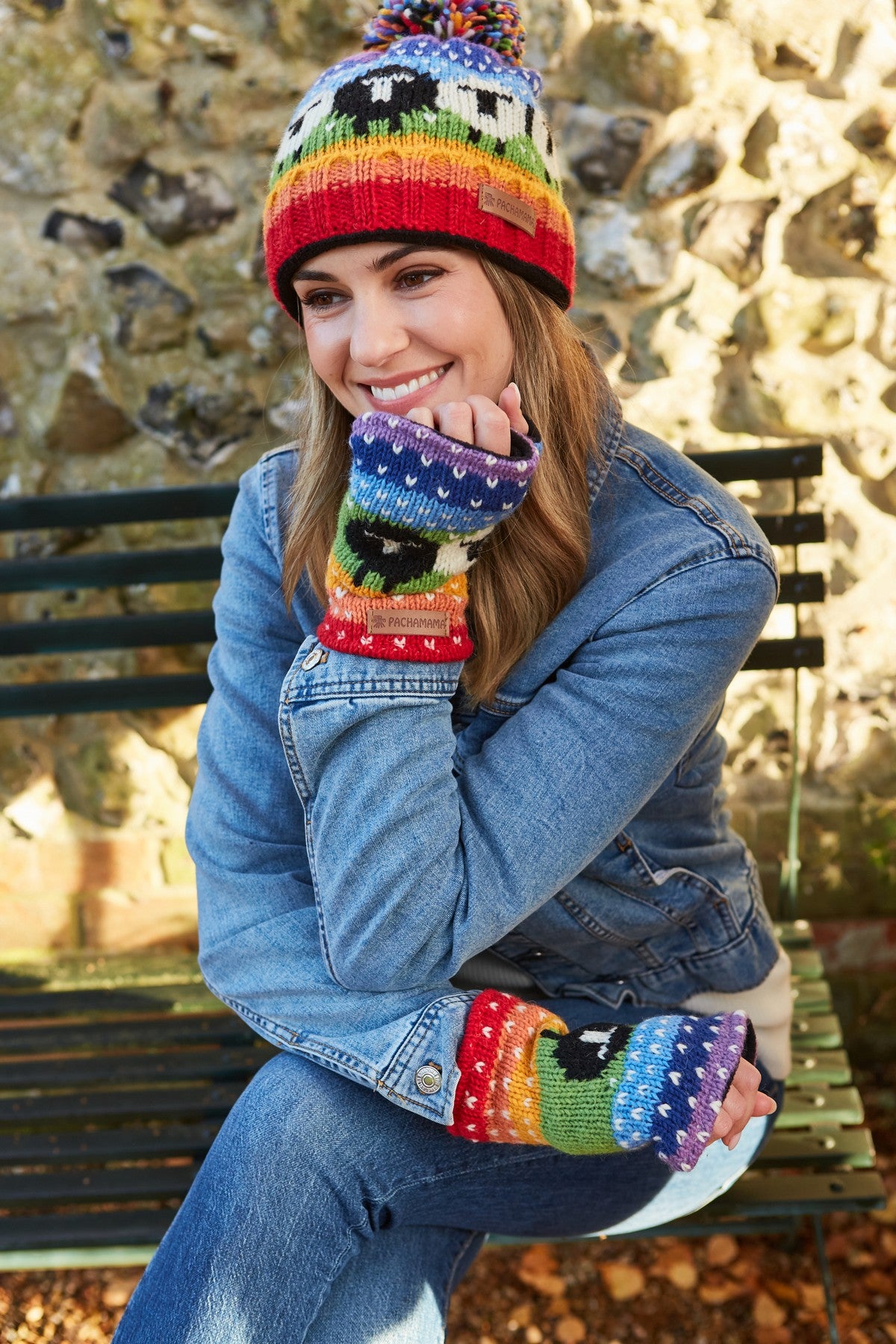 Pachamama Black Sheep Roll Back Bobble Beanie, Hand Knitted, Lined, Wool, Rainbow