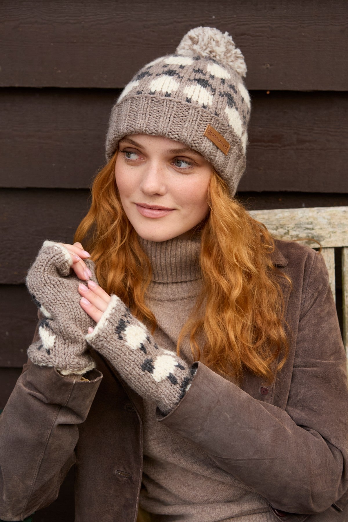 Pachamama Sheep Roll Back Bobble Beanie, Hand Knitted, 100% Merino Wool Mushroom
