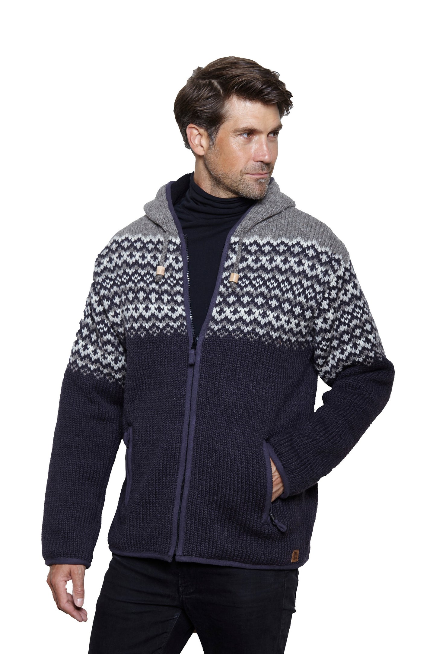 Pachamama Mens Clifden Hoody, Charcoal, 100% Wool Outer, Zip Pockets, Handmade