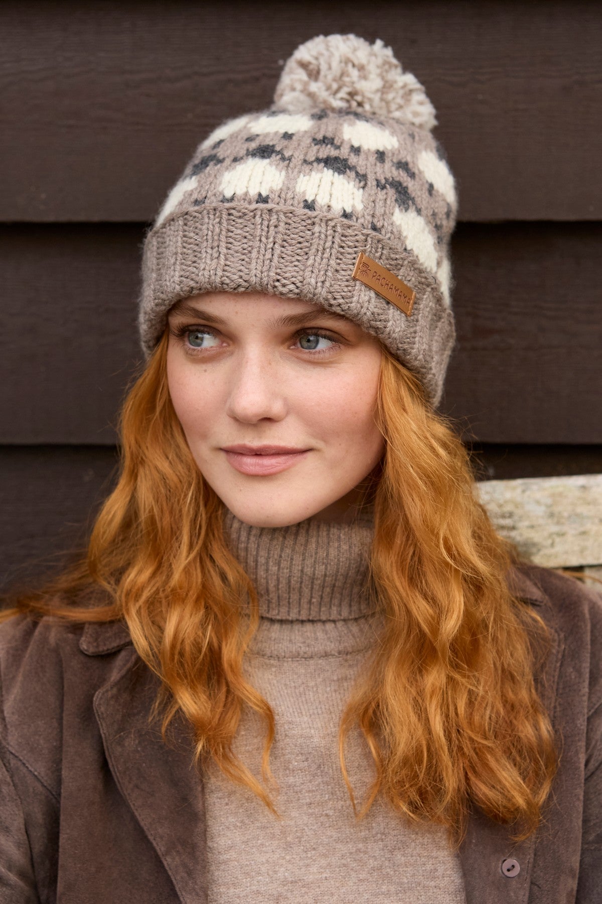 Pachamama Sheep Roll Back Bobble Beanie, Hand Knitted, 100% Merino Wool Mushroom
