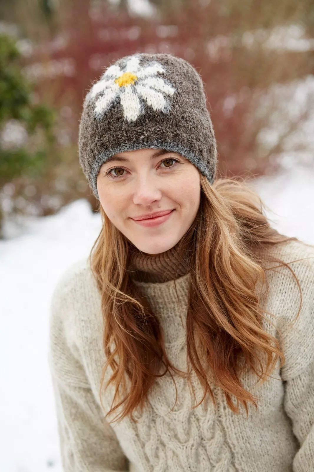 Pachamama Daisy Beanie, Hand Knitted, Sherpa Fleece Lined, Wool, Bark