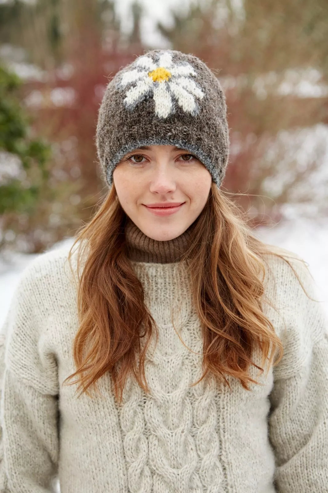 Pachamama Daisy Beanie, Hand Knitted, Sherpa Fleece Lined, Wool, Bark