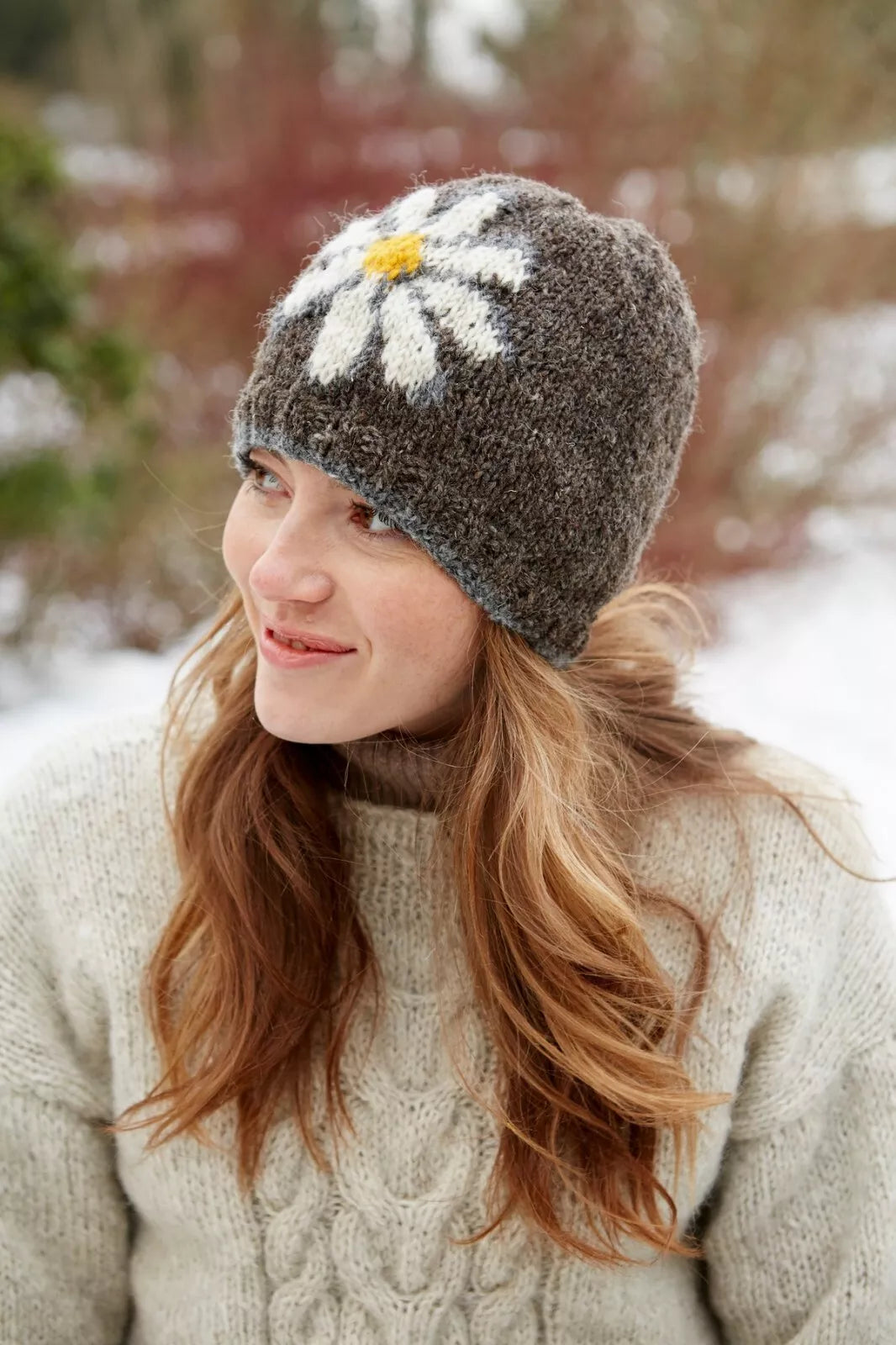 Pachamama Daisy Beanie, Hand Knitted, Sherpa Fleece Lined, Wool, Bark