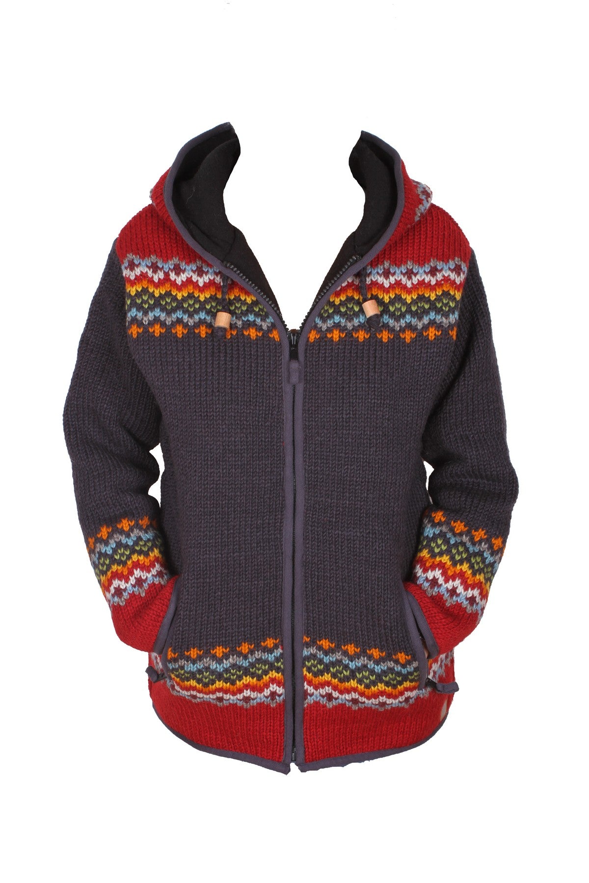 Pachamama Womens Clifden Hoody, Charcoal, 100% Wool Outer, Zip Pockets Handmade