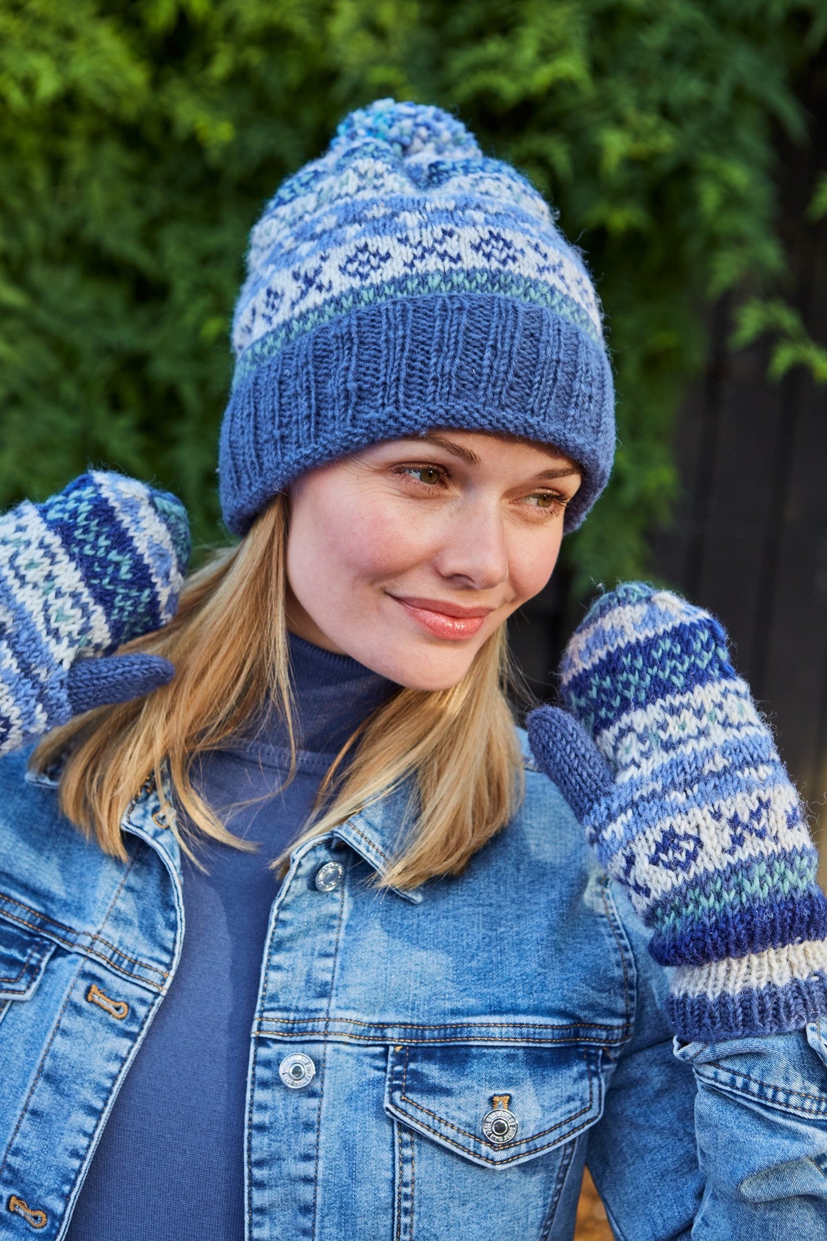 Pachamama Fairisle Rollback Bobble Beanie, Hand Knitted, Lined, Wool, Denim