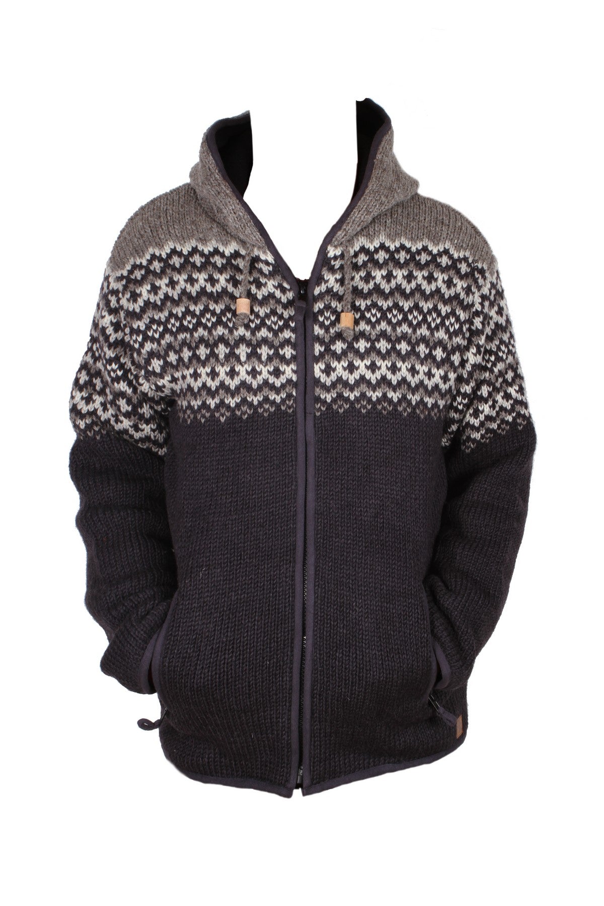 Pachamama Mens Clifden Hoody, Charcoal, 100% Wool Outer, Zip Pockets, Handmade