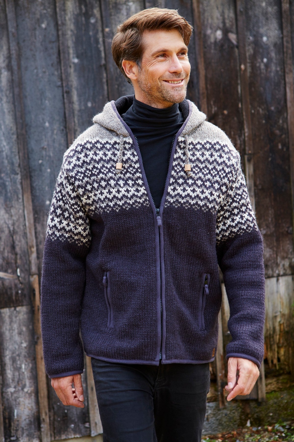 Pachamama Mens Clifden Hoody, Charcoal, 100% Wool Outer, Zip Pockets, Handmade