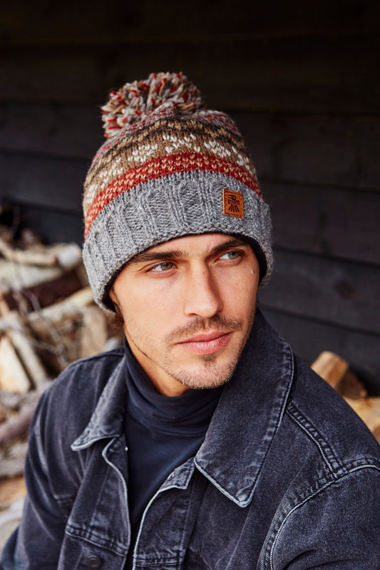 Pachamama Mens Classic Fairisle Bobble Beanie, Hand Knitted, Fleece Lined, Wool