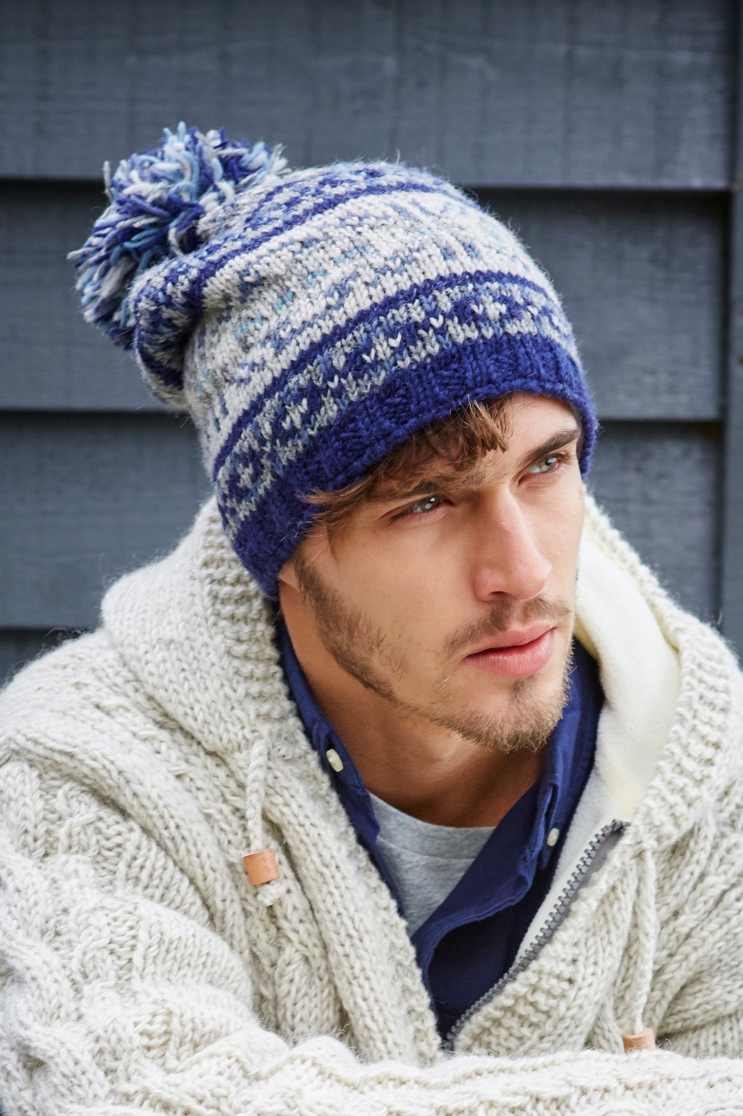 Pachamama Mens Stornoway Bobble Beanie, Hand Knitted, Fleece Lined, Wool, Blue