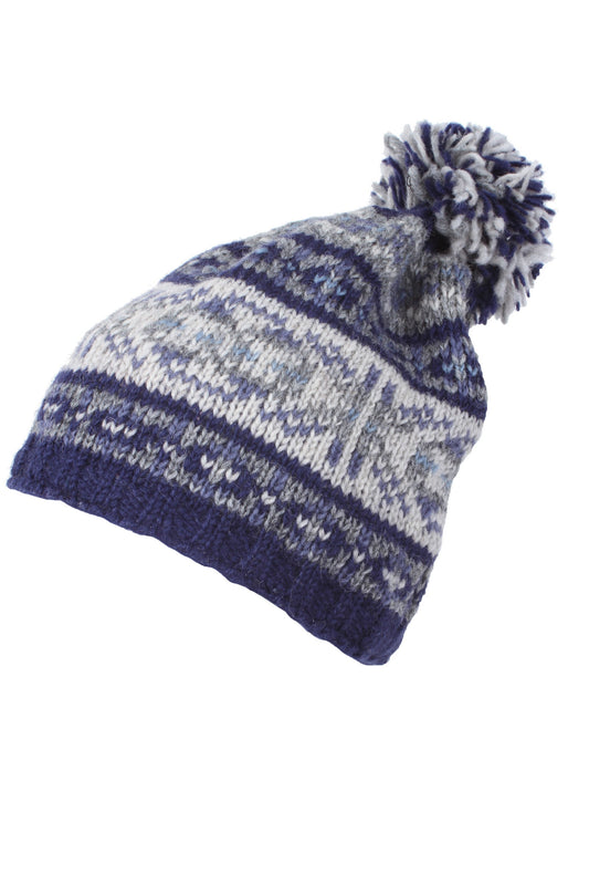 Pachamama Mens Stornoway Bobble Beanie, Hand Knitted, Fleece Lined, Wool, Blue