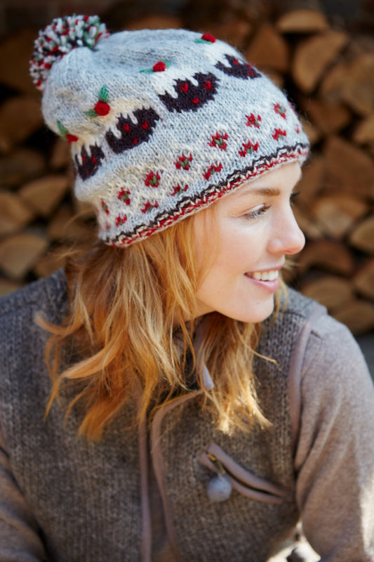 Pachamama Christmas Pudding Bobble Beanie, Hand Knitted, Lined, 100% Wool Outer