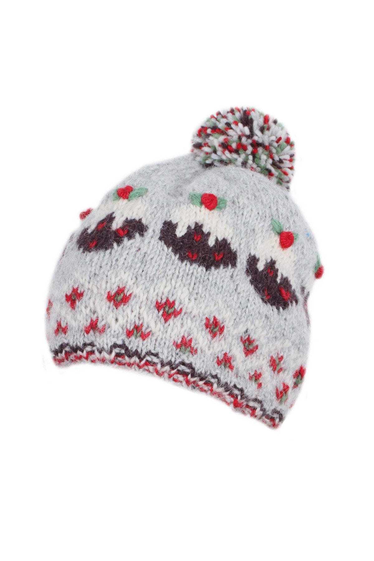 Pachamama Christmas Pudding Bobble Beanie, Hand Knitted, Lined, 100% Wool Outer