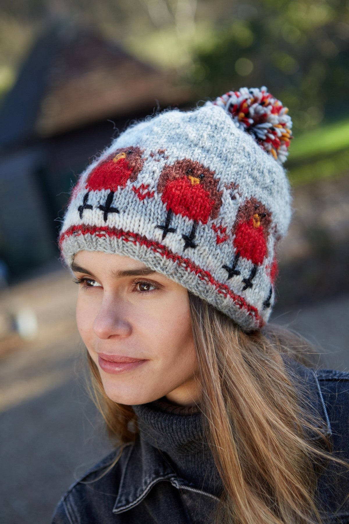 Pachamama Robin Bobble Beanie, Hand Knitted, Sherpa Fleece Lined, Wool