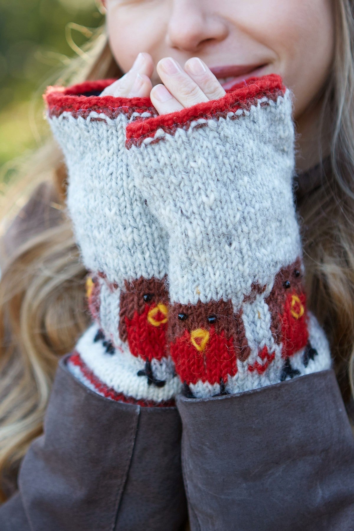 Pachamama Robin Handwarmers, Hand Knitted, Lined, Wool, Embroidered Beaks