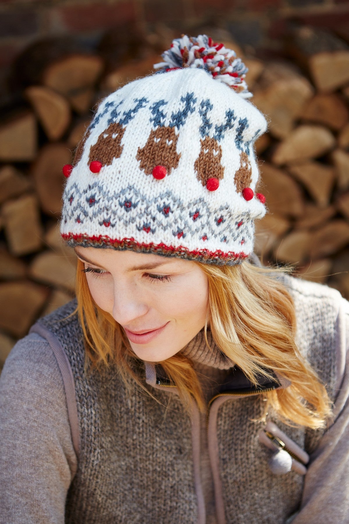 Pachamama Rudolph Christmas Bobble Beanie, Hand Knitted, Lined, 100% Wool Outer