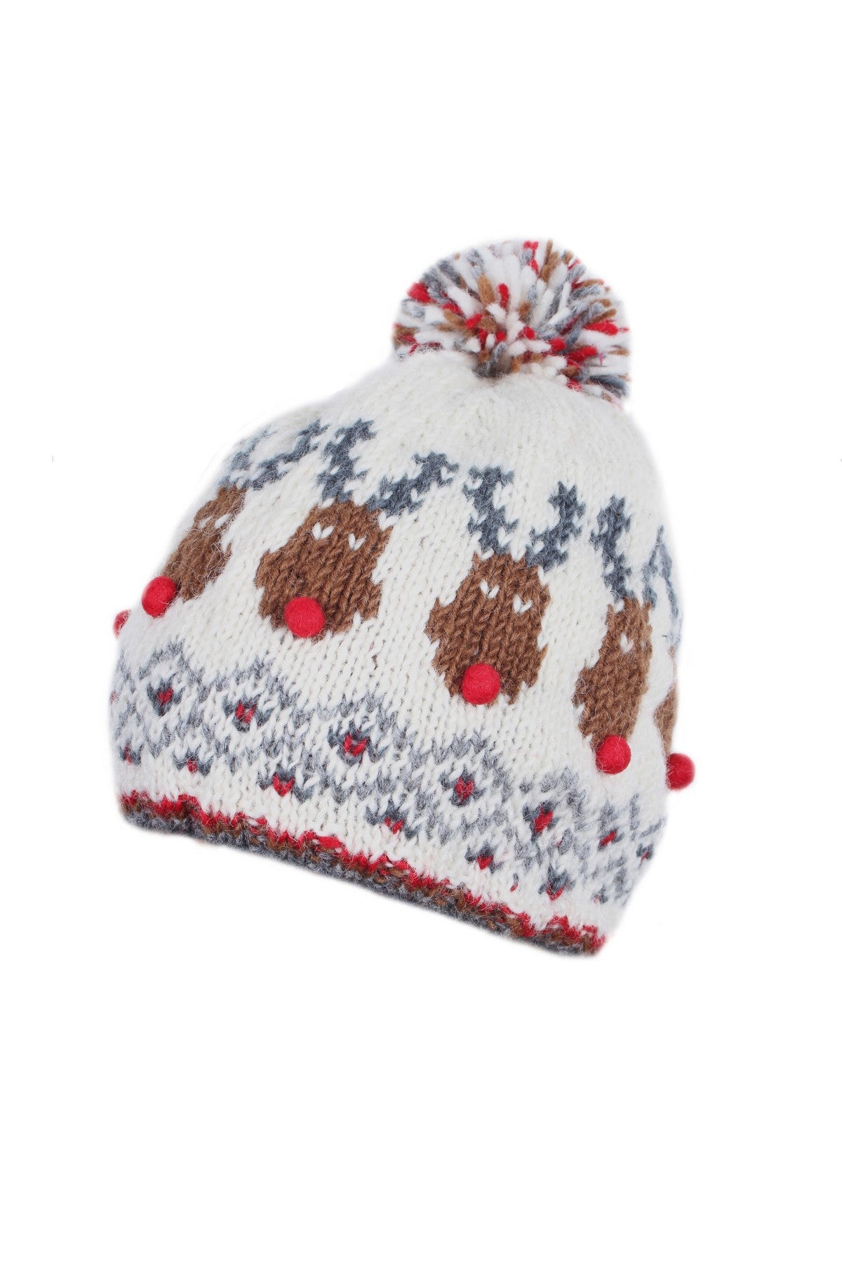 Pachamama Rudolph Christmas Bobble Beanie, Hand Knitted, Lined, 100% Wool Outer