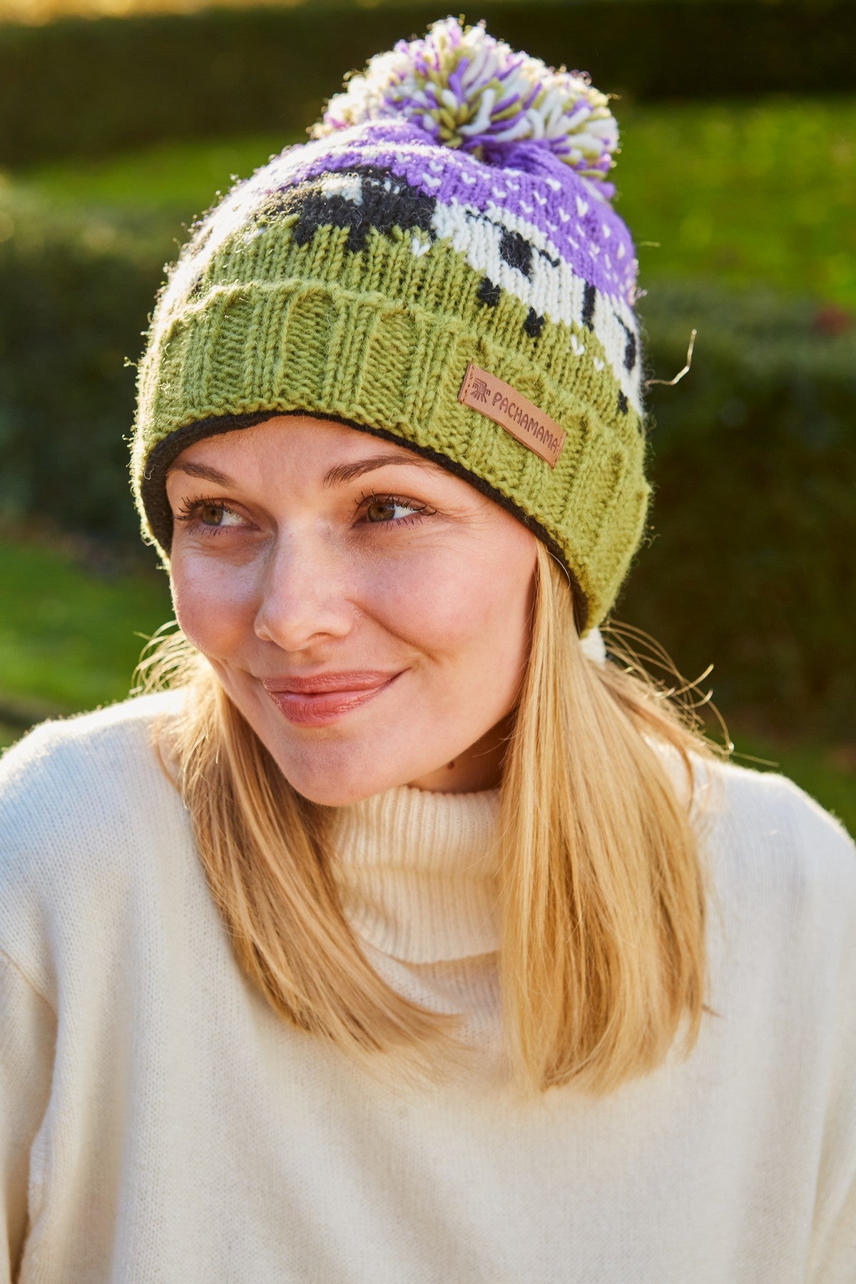 Pachamama Black Sheep Roll Back Bobble Beanie, Hand Knitted, Lined, Wool, Purple