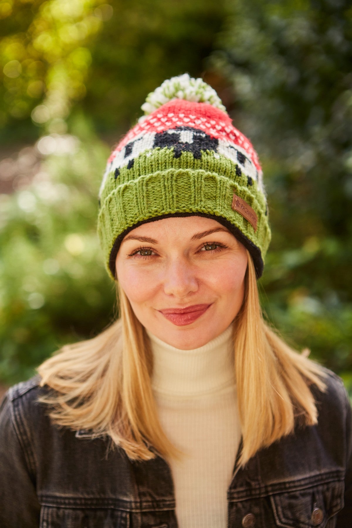 Pachamama Black Sheep Roll Back Bobble Beanie, Hand Knitted, Lined, Wool, Red