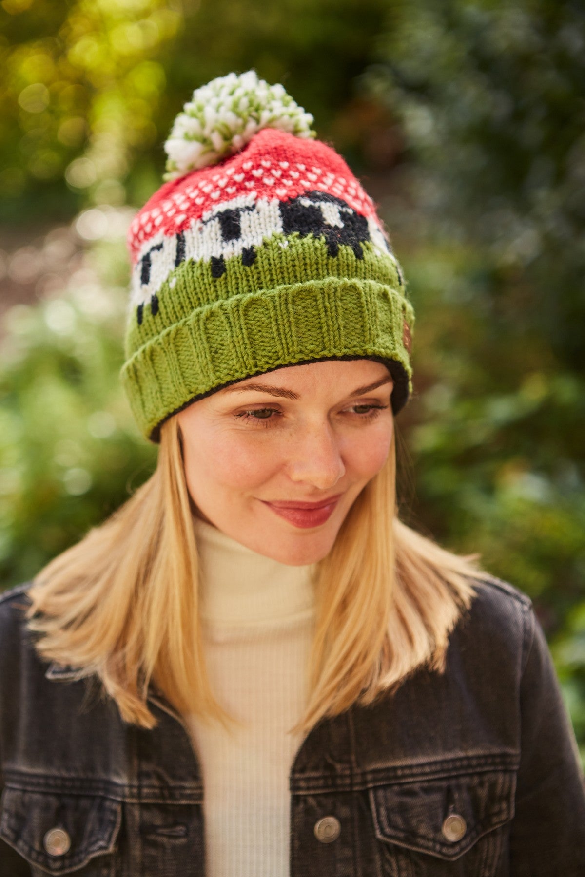 Pachamama Black Sheep Roll Back Bobble Beanie, Hand Knitted, Lined, Wool, Red