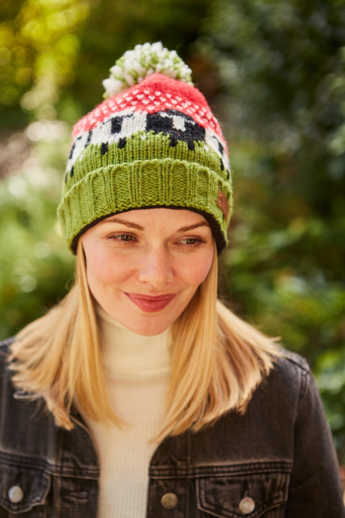 Pachamama Black Sheep Roll Back Bobble Beanie, Hand Knitted, Lined, Wool, Red