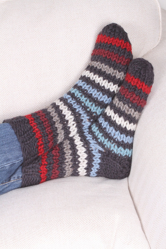 Pachamama Mens Clifden Sofa Socks, Hand Knitted, Wool , Fair Trade Sourced, Red