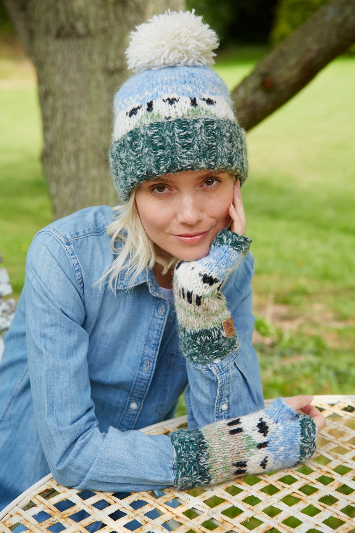 Pachamama Hazy Sheep Bobble Beanie, Hand Knitted, Lined, Wool and Mohair Blend