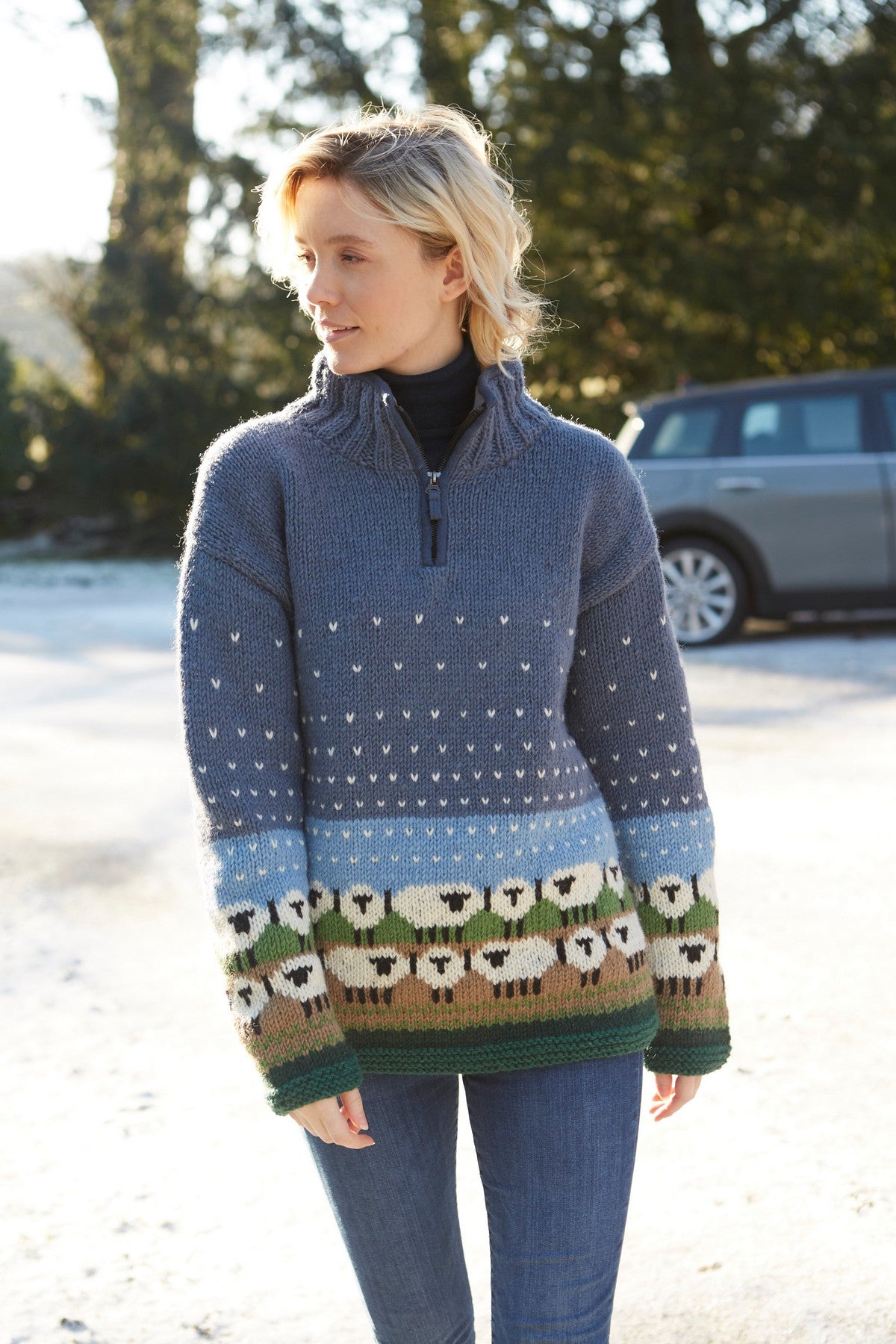 Pachamama Snowy Sheep Half Zip Sweater, 100% Wool, Hand Knitted