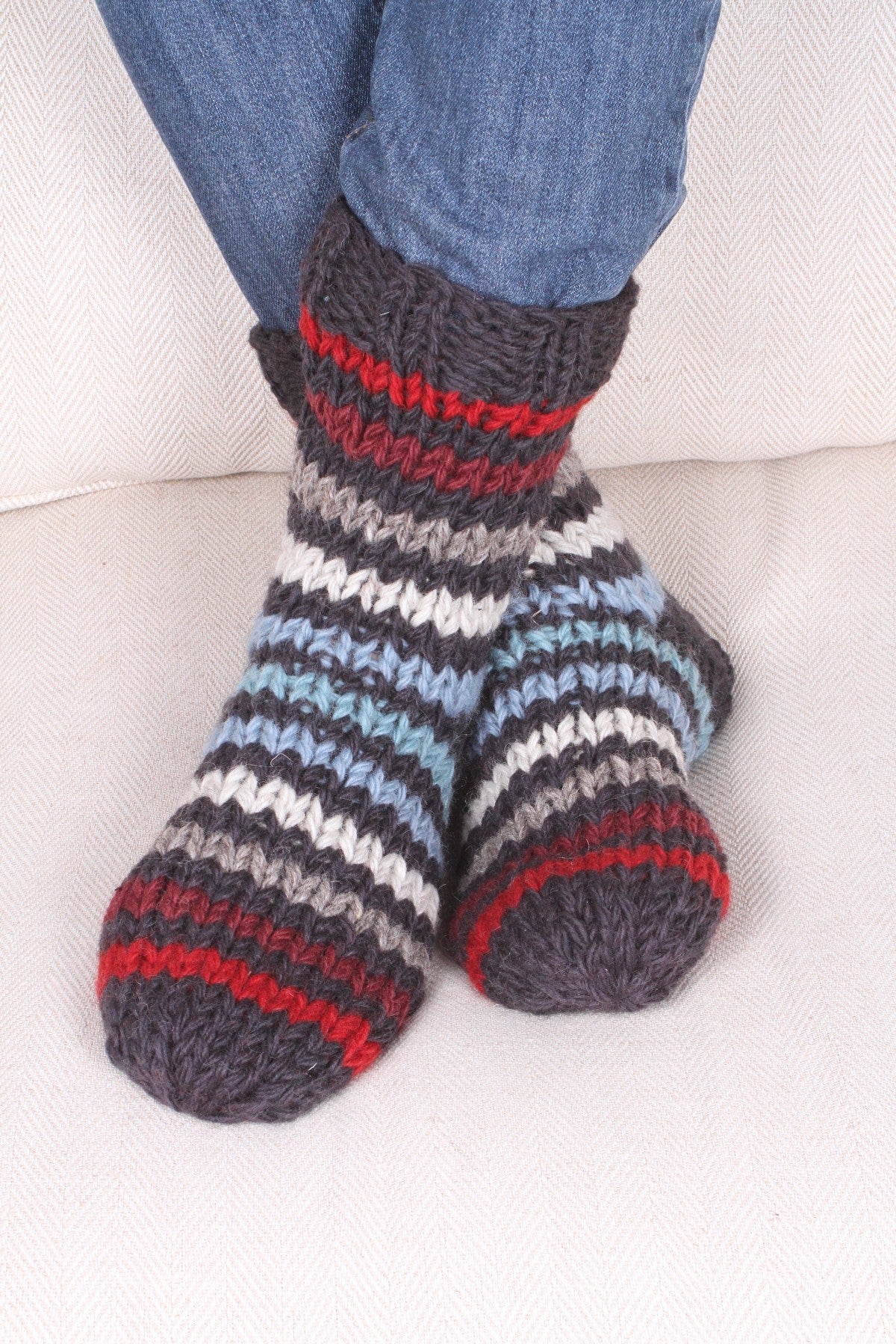 Pachamama Mens Clifden Sofa Socks, Hand Knitted, Wool , Fair Trade Sourced, Red