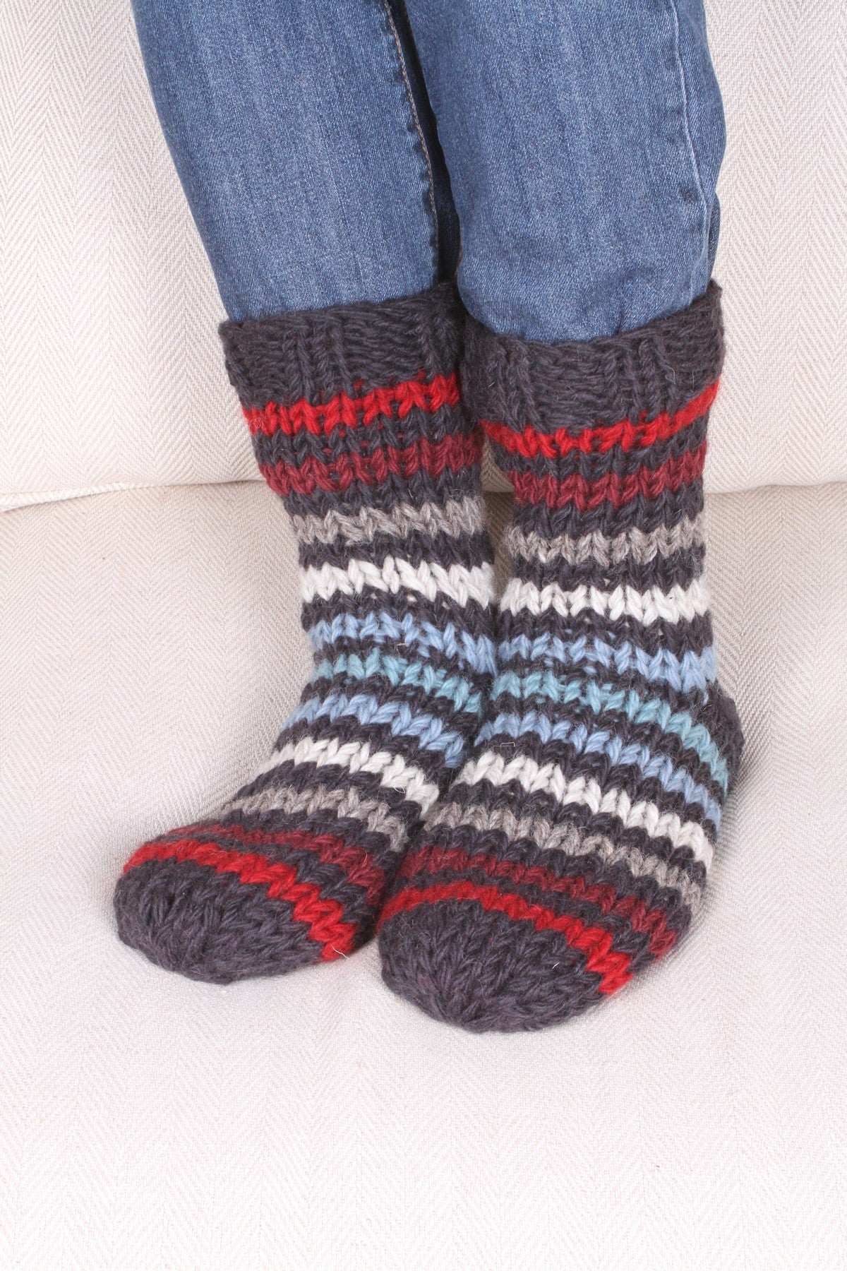 Pachamama Mens Clifden Sofa Socks, Hand Knitted, Wool , Fair Trade Sourced, Red