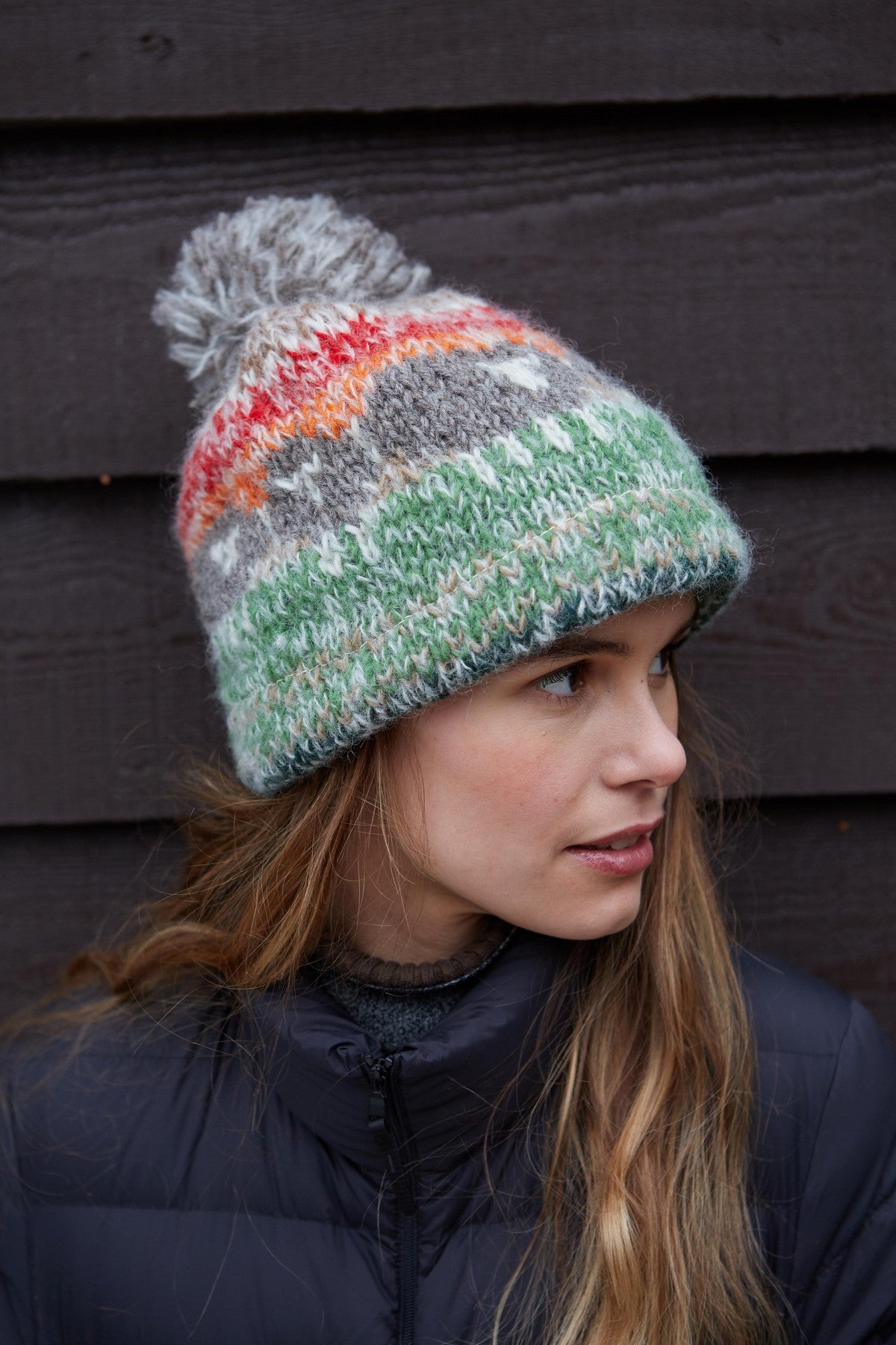 Pachamama Hazy Herdwick Bobble Beanie, Hand Knitted, Lined, Wool and Mohair Blend