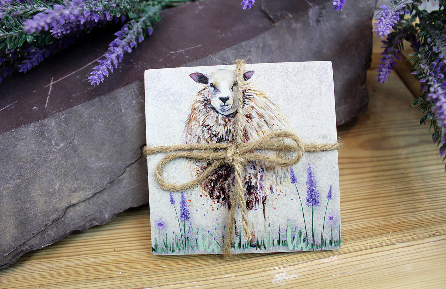 Sheep Coaster Set with 2 Coasters of Different Scene, Hand Tied With String